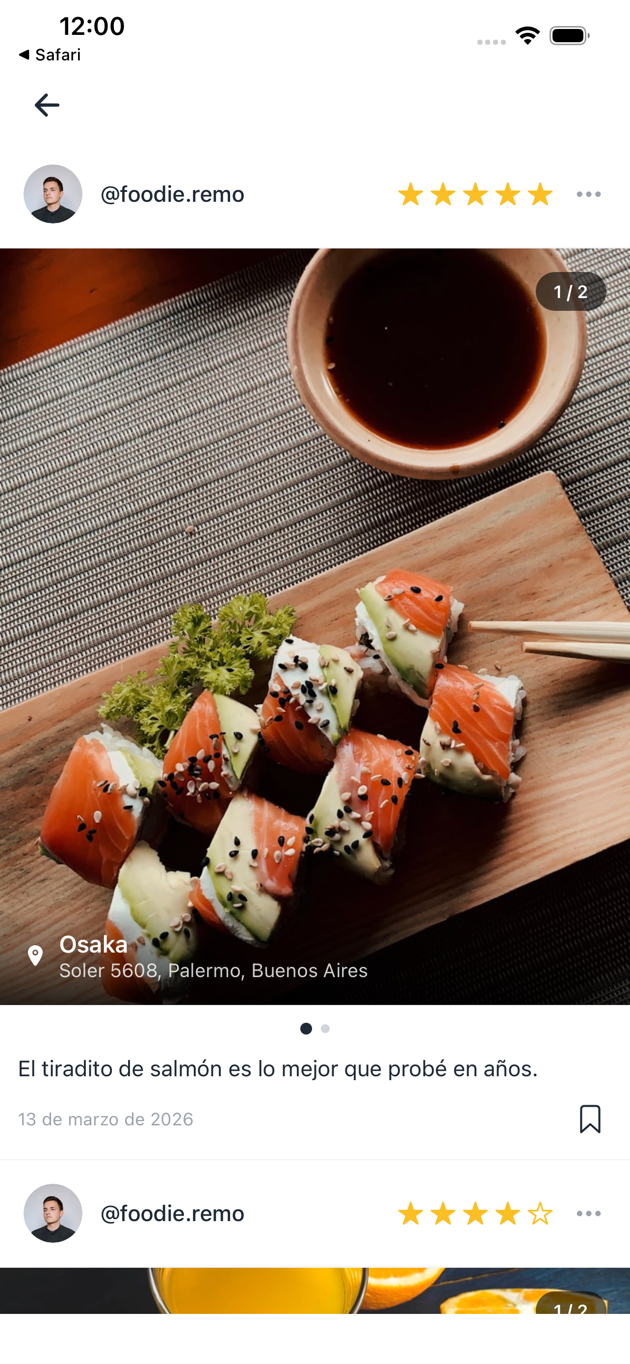 Captura de 4foodies mostrando una reseña de restaurante